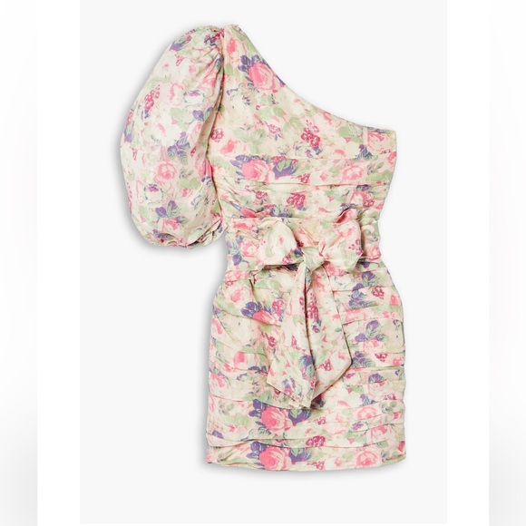 Loveshackfancy Altie One Shoulder Pleated Floral Print Satin Mini Dress - Picture 3 of 7